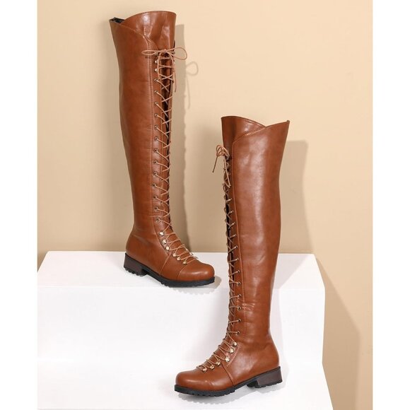 🆕Women's Brown Faux Leather Over The Knee Square Toe Thigh High Combat Boots - Picture 8 of 9